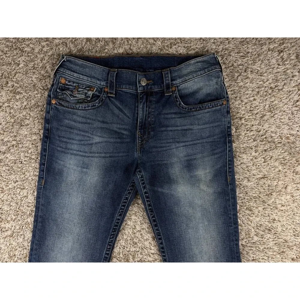 True Religion Jeans Men's 34 Straight Flap Brown Gold Stitching Blue Denim